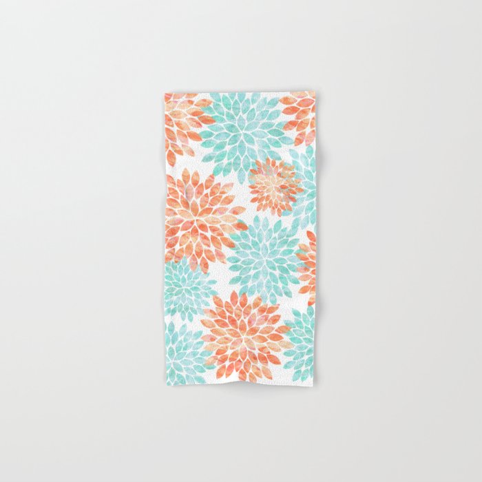 aqua and coral flowers Hand & Bath Towel