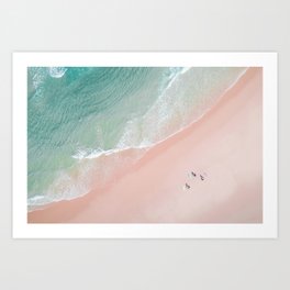 Surf Yoga II - Aerial Pink Beach Print - Ocean - Sea Travel photography by Ingrid Beddoes Art Print