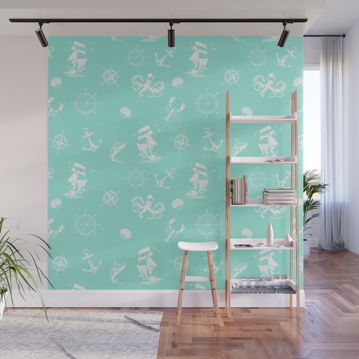 Mint Blue And White Silhouettes Of Vintage Nautical Pattern Wall Mural