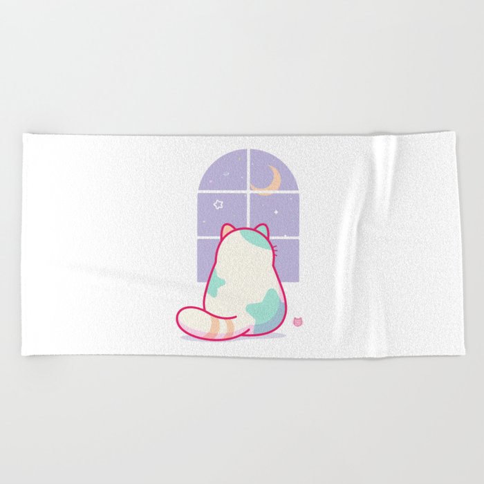Cute Stargazing Cat Looking Out Window at the Moon & Night Sky  Beach Towel