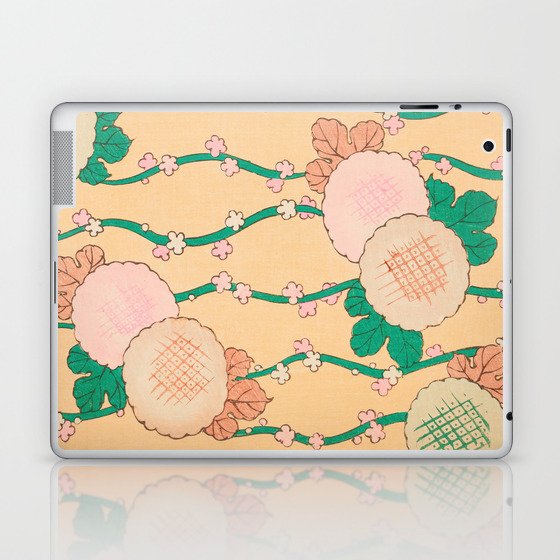 Pink Blossoms Green Vines Floral Print Vintage Japanese Retro Pattern Laptop & iPad Skin