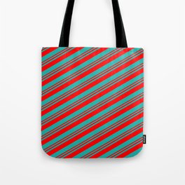 [ Thumbnail: Red and Light Sea Green Colored Stripes/Lines Pattern Tote Bag ]