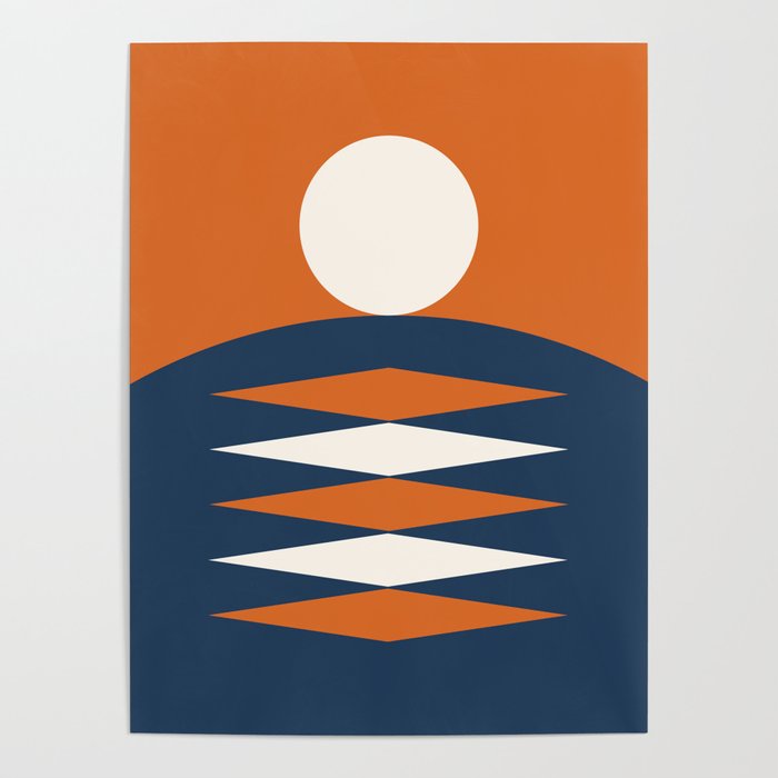 Abstract Geometric Sunrise 22 in Navy Blue Orange Poster