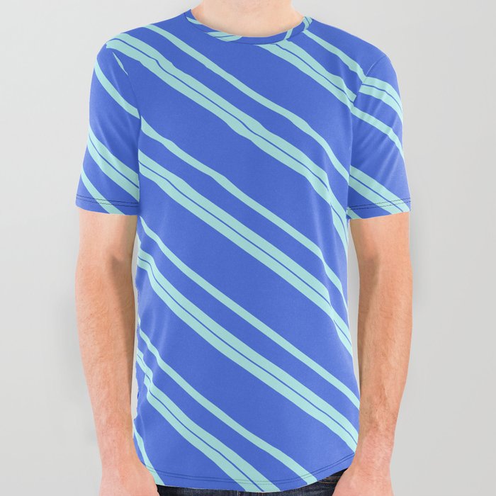 Turquoise & Royal Blue Colored Lined Pattern All Over Graphic Tee