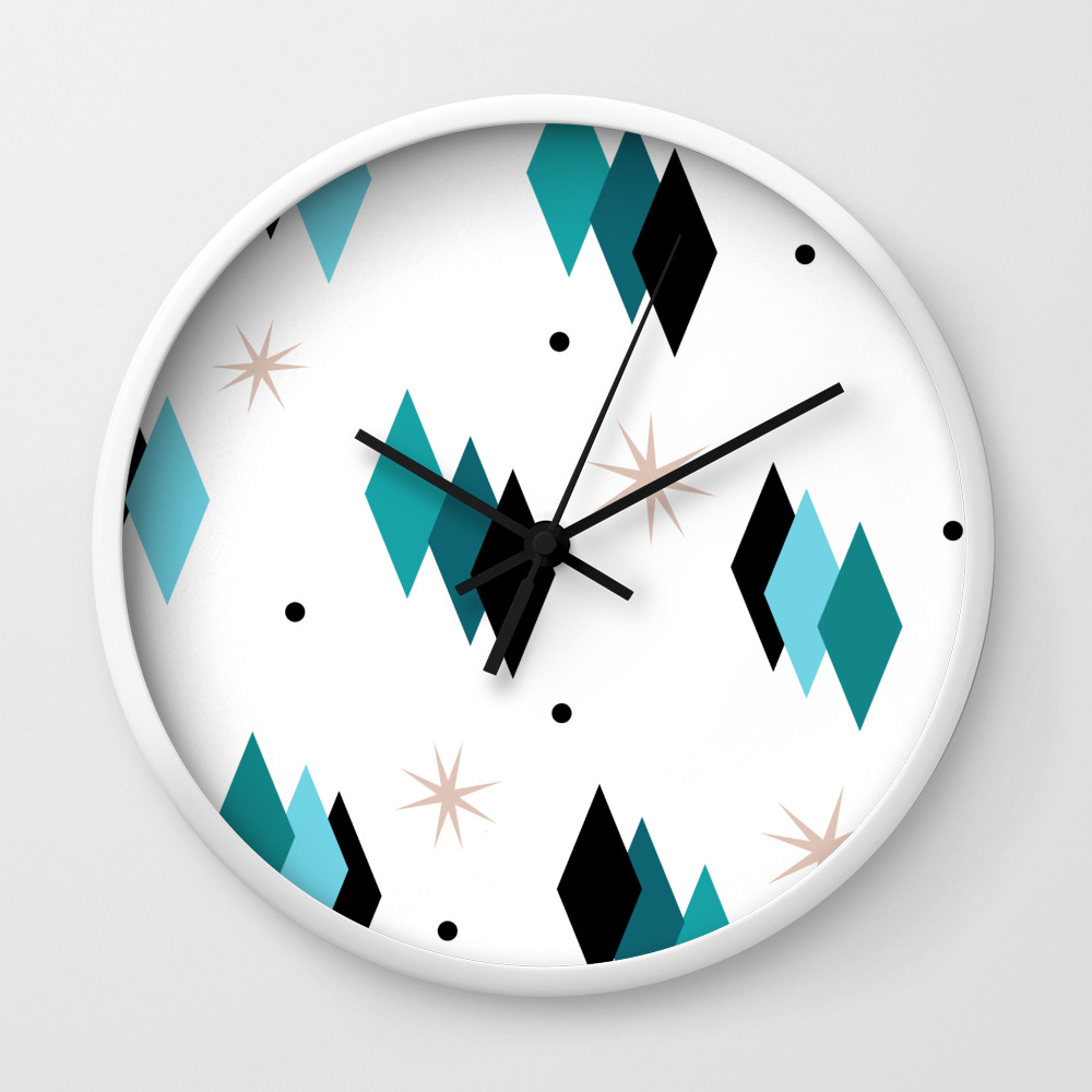 Mid Century Modern Teal Diamonds Wall Clock By Zennykenny Society6