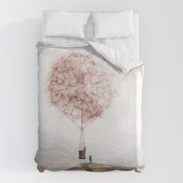 Flying Dandelion Bettbezug | Surrealism, Curated, Pink, Landscape, Digital, Flowers, Dream, Flower, Dandelion, Love 