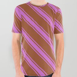 [ Thumbnail: Sienna & Orchid Colored Lines Pattern All Over Graphic Tee ]