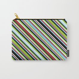 [ Thumbnail: Green, Light Cyan, Brown, Sky Blue & Black Colored Striped Pattern Carry-All Pouch ]