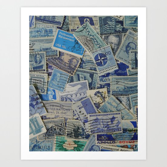 Vintage Postage Stamp Collection - Blue Art Print