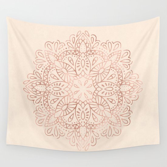 Mandala Rose Gold Pink Shimmer on Light Cream Wall Tapestry