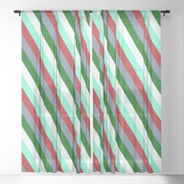 [ Thumbnail: Mint Cream, Aquamarine, Red, Light Slate Gray, and Dark Green Colored Striped/Lined Pattern Sheer Curtain ]
