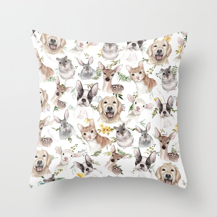 Watercolor black white brown forest animals green foliage floral  Throw Pillow