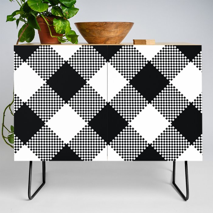 Black & White Large Diagonal Gingham Pattern Credenza