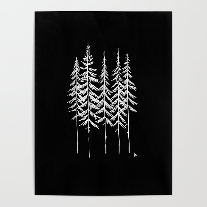 Five Trees (Black and White) Poster