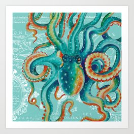 Teal Octopus On Light Teal Vintage Map Art Print
