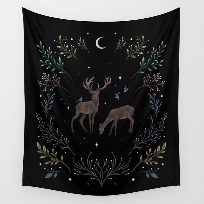 Deers in the Moonlight Wall Tapestry