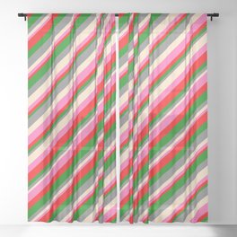 [ Thumbnail: Eye-catching Gray, Bisque, Hot Pink, Red & Green Colored Lines/Stripes Pattern Sheer Curtain ]