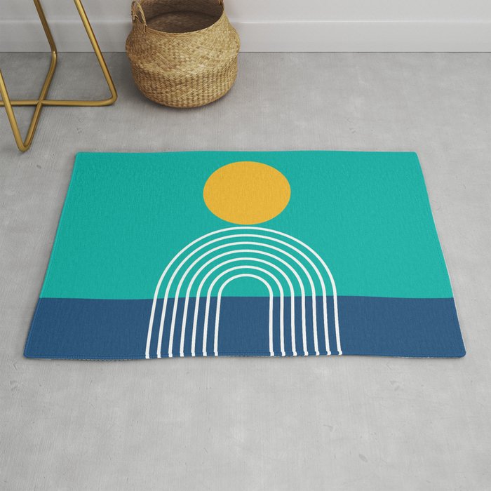 Geometric Lines in Blue Teal Yellow (Sun and Rainbow abstraction) Rug