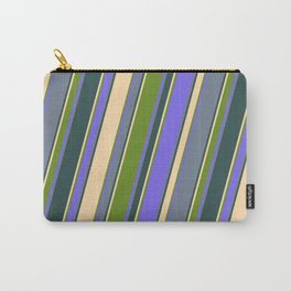 [ Thumbnail: Tan, Green, Medium Slate Blue, Slate Gray, and Dark Slate Gray Colored Lined/Striped Pattern Carry-All Pouch ]