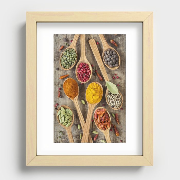 Colorful spices in wooden spoons Recessed Framed Print