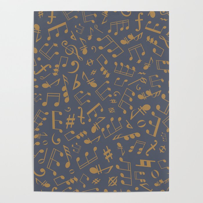 Gold Musical Notation Pattern on Dark Gray Poster