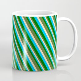 [ Thumbnail: Deep Sky Blue, Dark Green, Dark Olive Green & Tan Colored Pattern of Stripes Coffee Mug ]