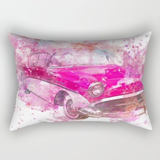 Pink Retro Car mixed media watercolor art Rectangular Pillow