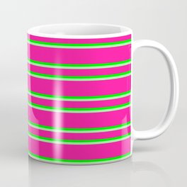 [ Thumbnail: Deep Pink, Lime & Green Colored Pattern of Stripes Coffee Mug ]