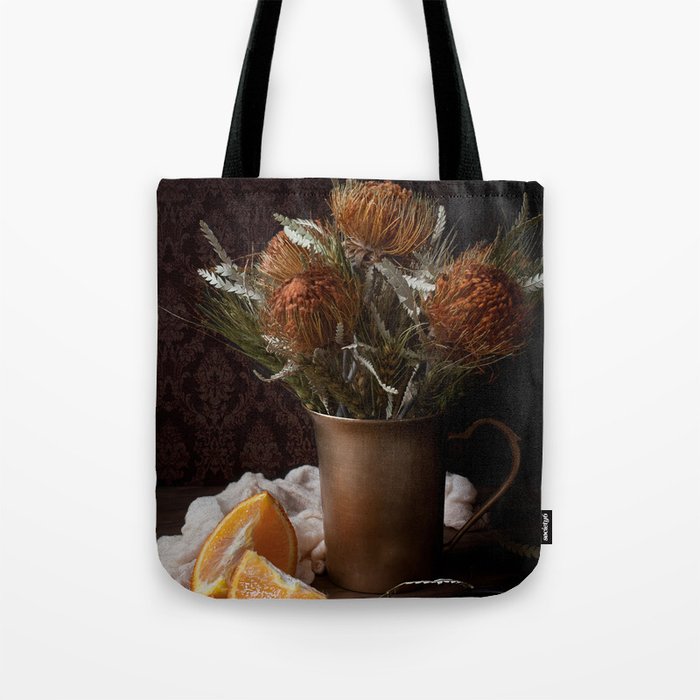 ORANGE - FLOWERS - IN - BROWN - VASE - BESIDE - SLICED - ORANGE - FRUIT - PHOTOGRAPHY Tote Bag