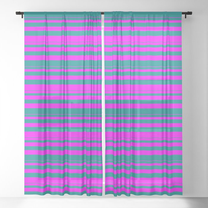 Dark Cyan & Fuchsia Colored Lines/Stripes Pattern Sheer Curtain