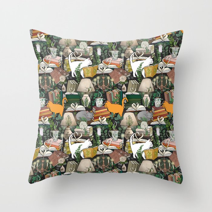 Cozy Cat Cafe and Bookstore Throw Pillow