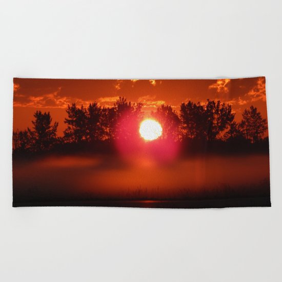 Red Foggy Sunrise Beach Towel