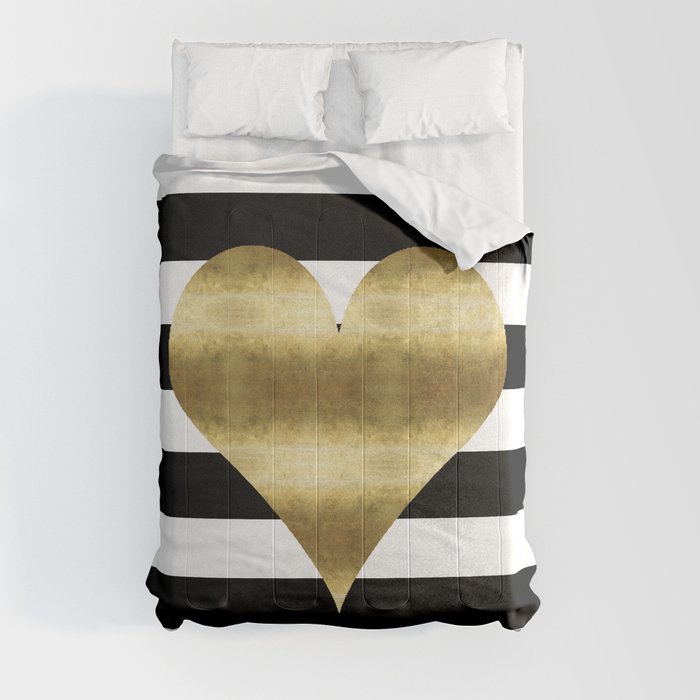 gold heart black and white stripe Comforter