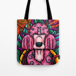 Pink poodle in colorful jungle, quirky dog painting Tote Bag