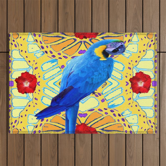 Red poppy flowers & blue macaw on yellow abstract Outdoor Rug
