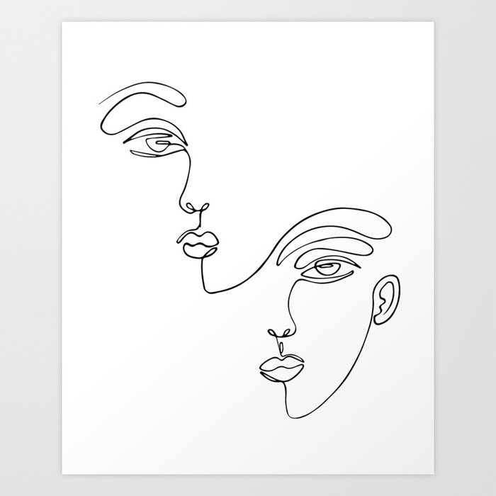 Faces one line minimalist drawing on white Art Print