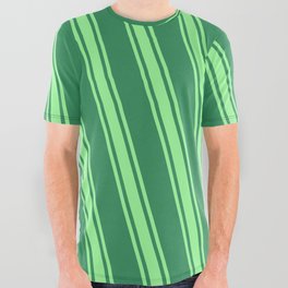 [ Thumbnail: Sea Green & Green Colored Lined Pattern All Over Graphic Tee ]