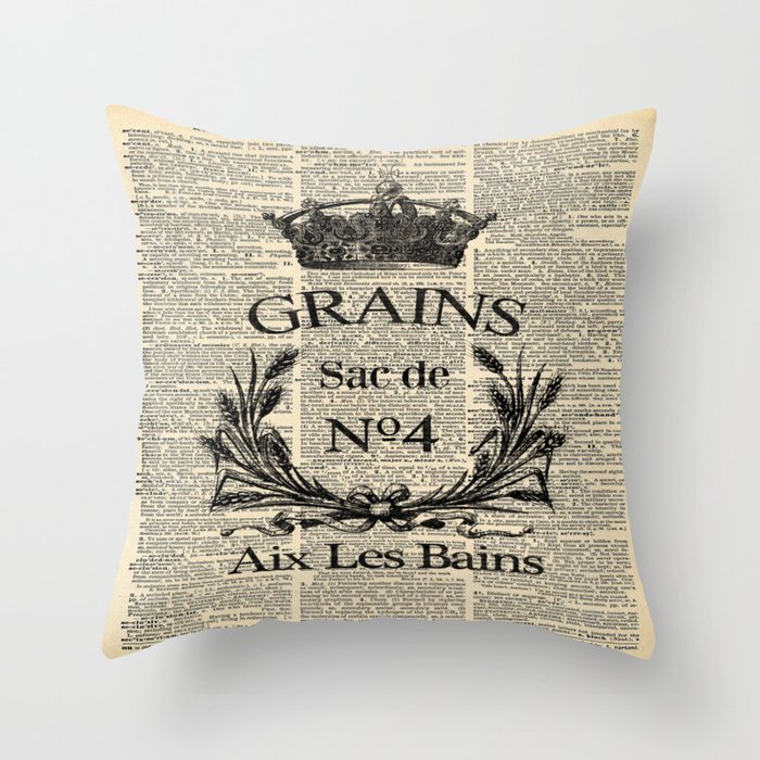 dictionary print rustic shabby french country wheat wreath Throw Pillow