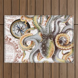 Octopus Orange Grey Compass Vintage Map Nautical Outdoor Rug