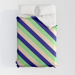 [ Thumbnail: Light Green, Bisque & Blue Colored Striped Pattern Comforter ]
