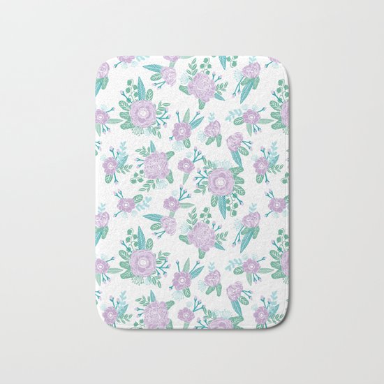 Floral bouquet pastel mint lilac florals painted painted pattern basic minimal pattern print Bath Mat