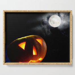Halloween Pumpkin Ghost in Moonlight at Night Serving Tray