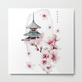 Japanese temple and cherry. Peace Metal Print | Bright, Watercolor, Bird, Circle, Calligraphy, Classy, Eastern, Graphicdesign, Abstract, East 