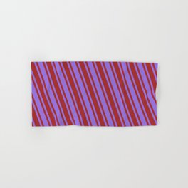 [ Thumbnail: Brown & Purple Colored Stripes/Lines Pattern Hand & Bath Towel ]