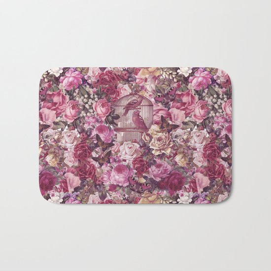 Vintage Bird Cage Flower Pattern Retro Illustration Bath Mat