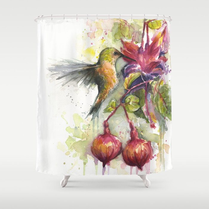 Hummingbird and Fuchsia Watercolor Shower Curtain