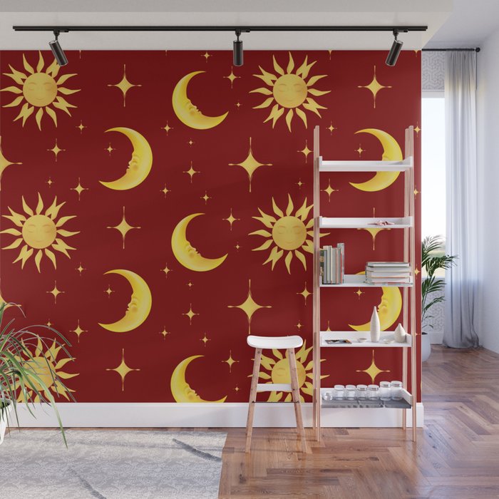 Sun,half moon,stars,cosmic art,celestial,red background  Wall Mural