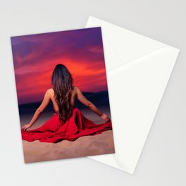Another tequila sunrise; woman watching purple and pink sunrise in the desert magical realism female portrait color photograph / photography Stationery Card