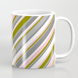 [ Thumbnail: Eye-catching Green, Dark Grey, Gray, White & Pink Colored Pattern of Stripes Coffee Mug ]