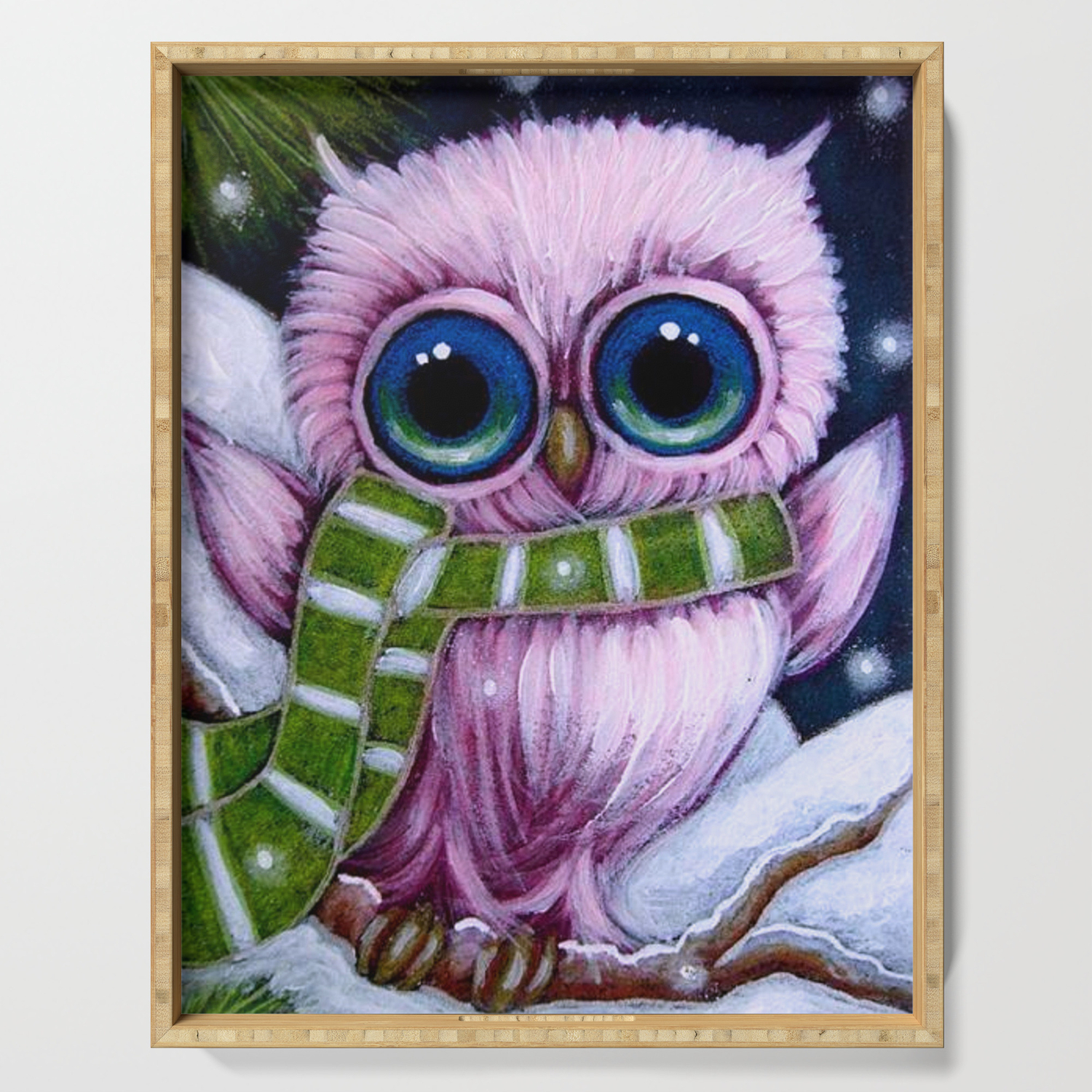 Holiday Tiny Pink Owl With 1st Green Scarf Serving Tray By